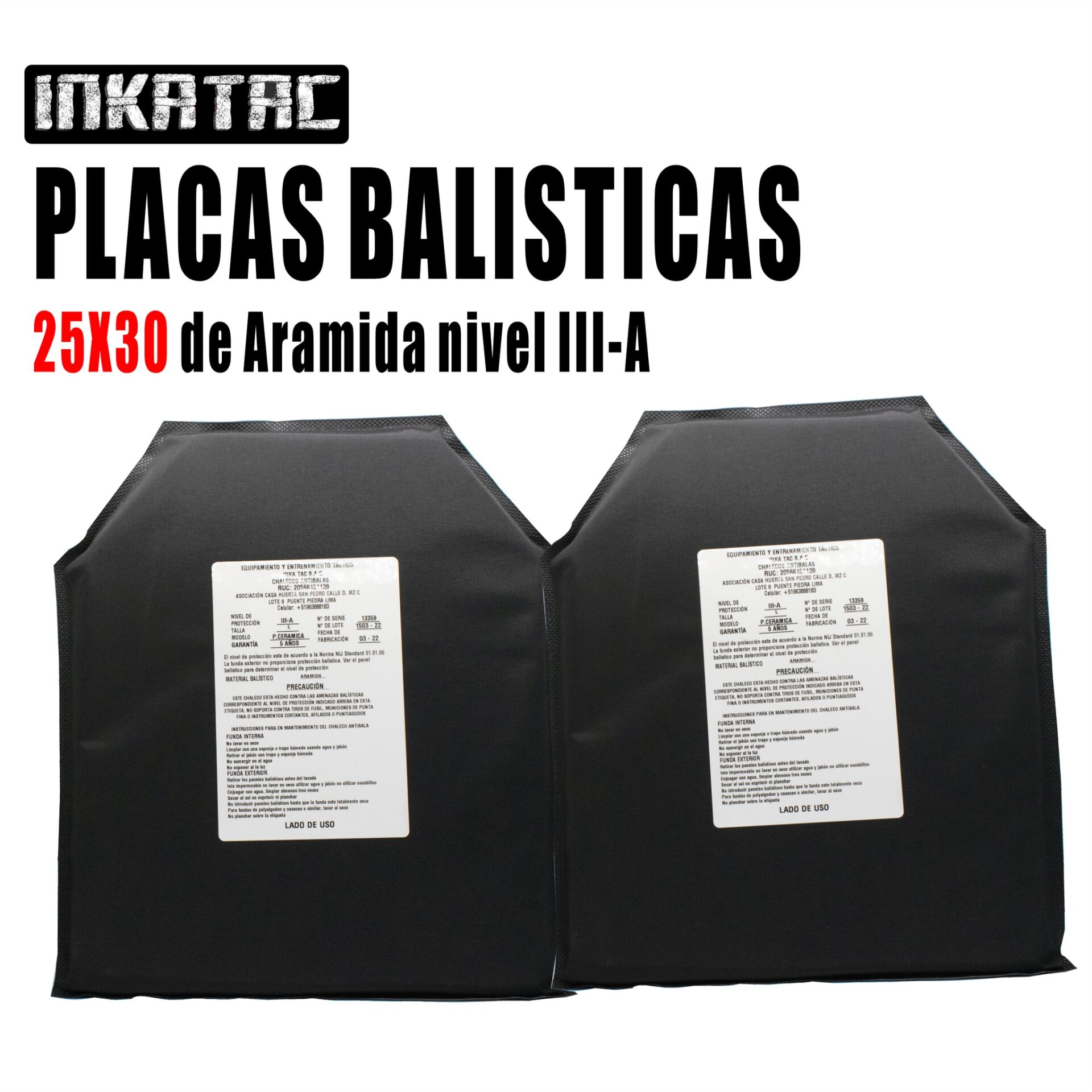 Placas Balísticas de Aramida Nivel IIIA